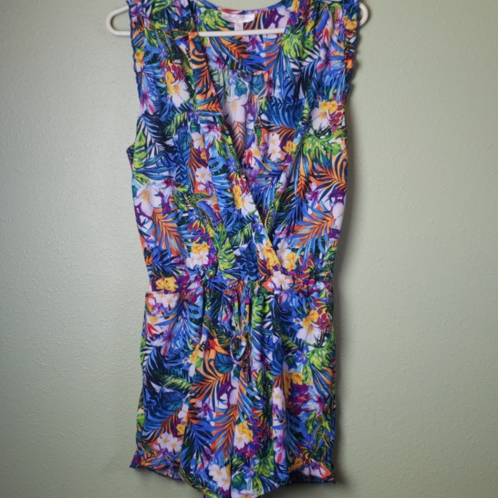 Marilyn Monroe Tropical Floral Romper in Blue, Green, Yellow, Orange